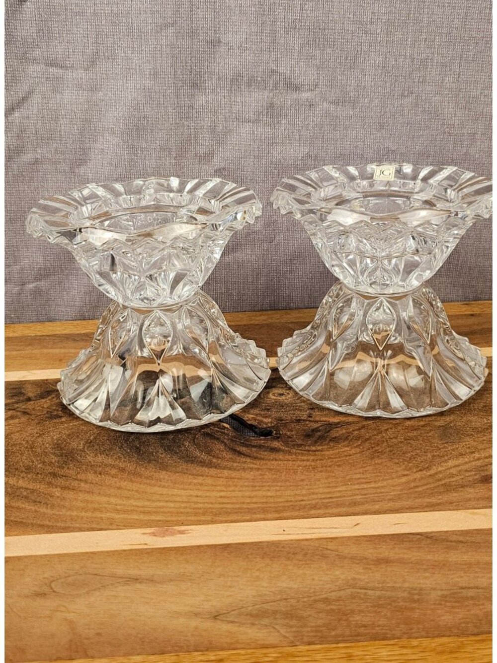 Pair Of Vintage JG Durand Crystal Candle Holders With Intricate Cut Design 4.75"